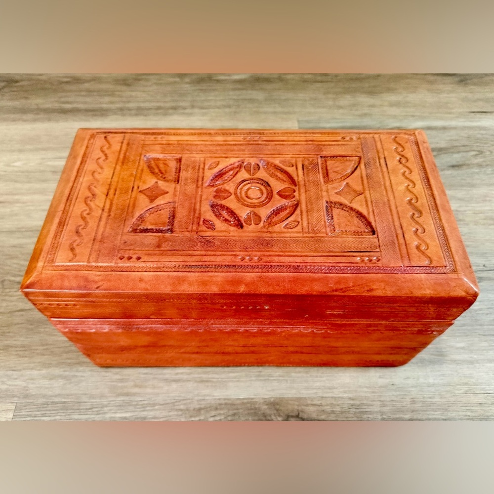 Handcarved Tooled Leather 11” Wooden Jewelry Box - Vintage